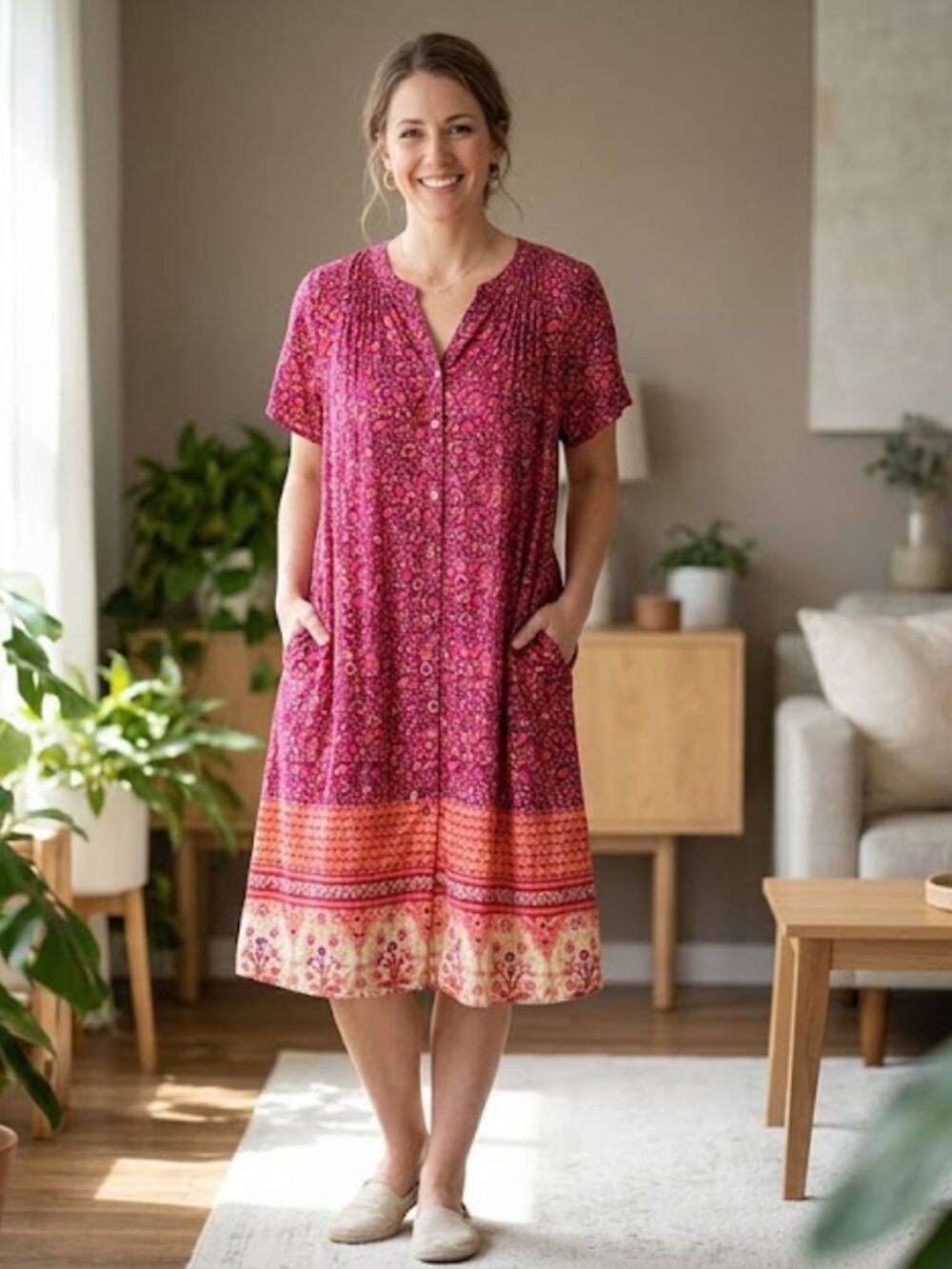 Yozly Pink Floral Snap Front Dress with Pockets Cotton Blend Size L Like New